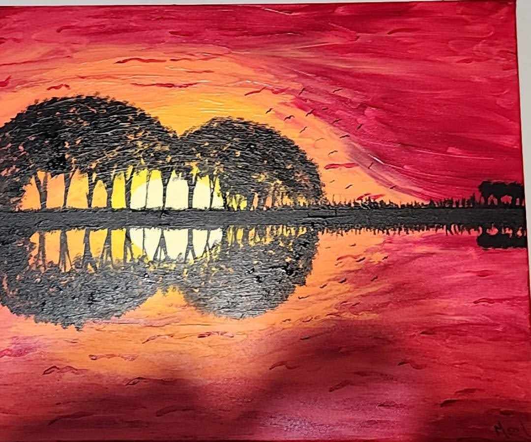 Toile Paysage musical – Œuvre Guitare au Couché de Soleil