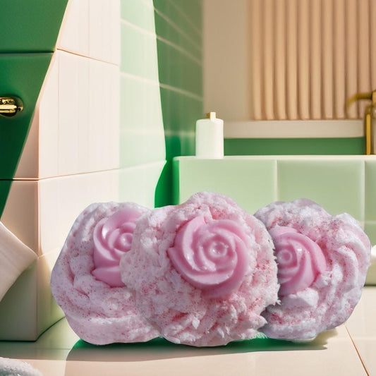 Trio de savons artisanaux style Cupcake Fraise Fouettée ornée d'une fleur rose
