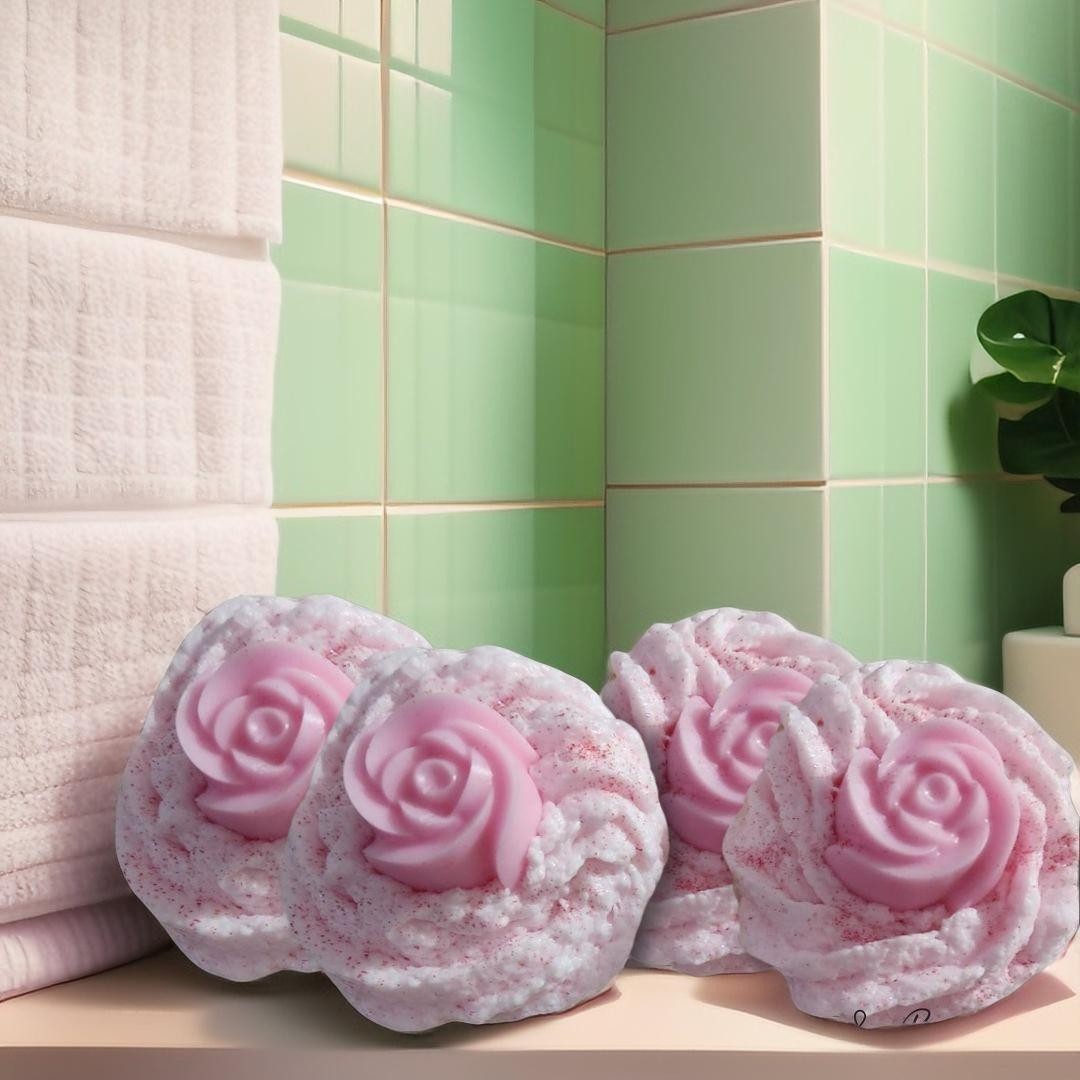 Savons artisanaux style Cupcake Fraise Fouettée ornée d'une fleur rose