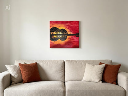 Toile Paysage musical – Œuvre Guitare au Couché de Soleil